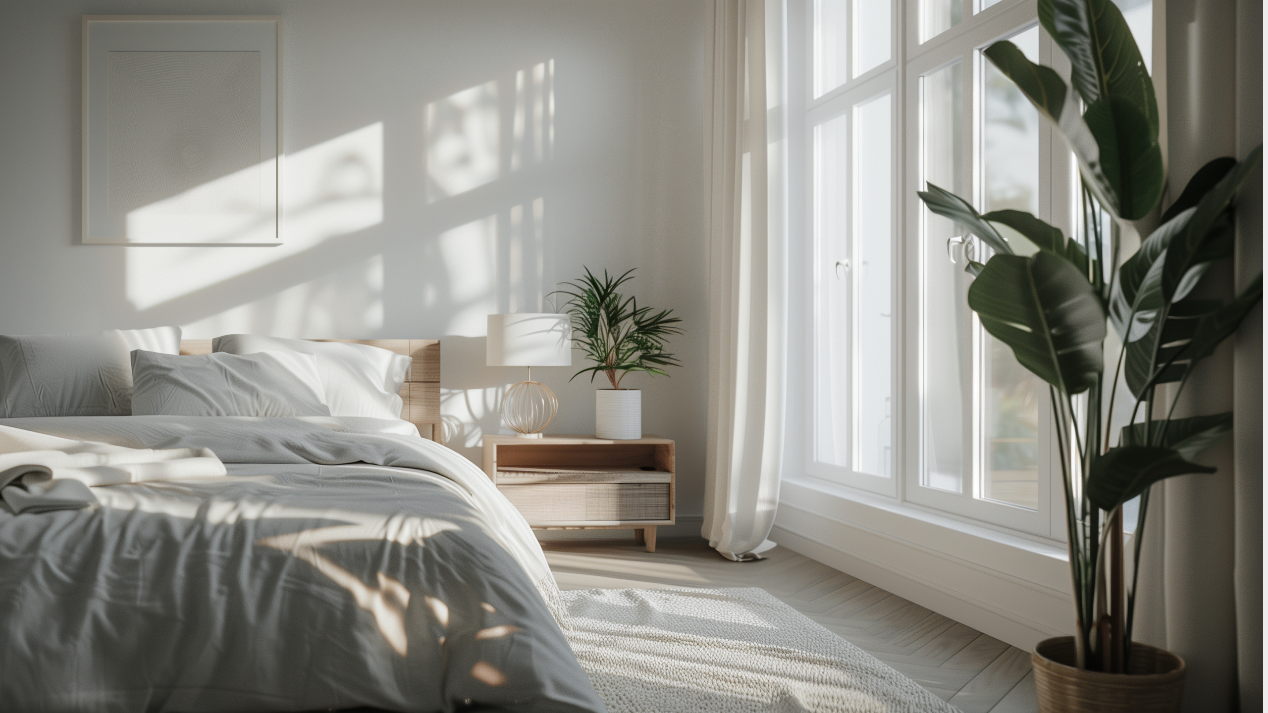 A bright, minimalist bedroom featuring a bed with soft linens, a wooden nightstand, and a potted plant near large windows that allow natural light to illuminate the space.